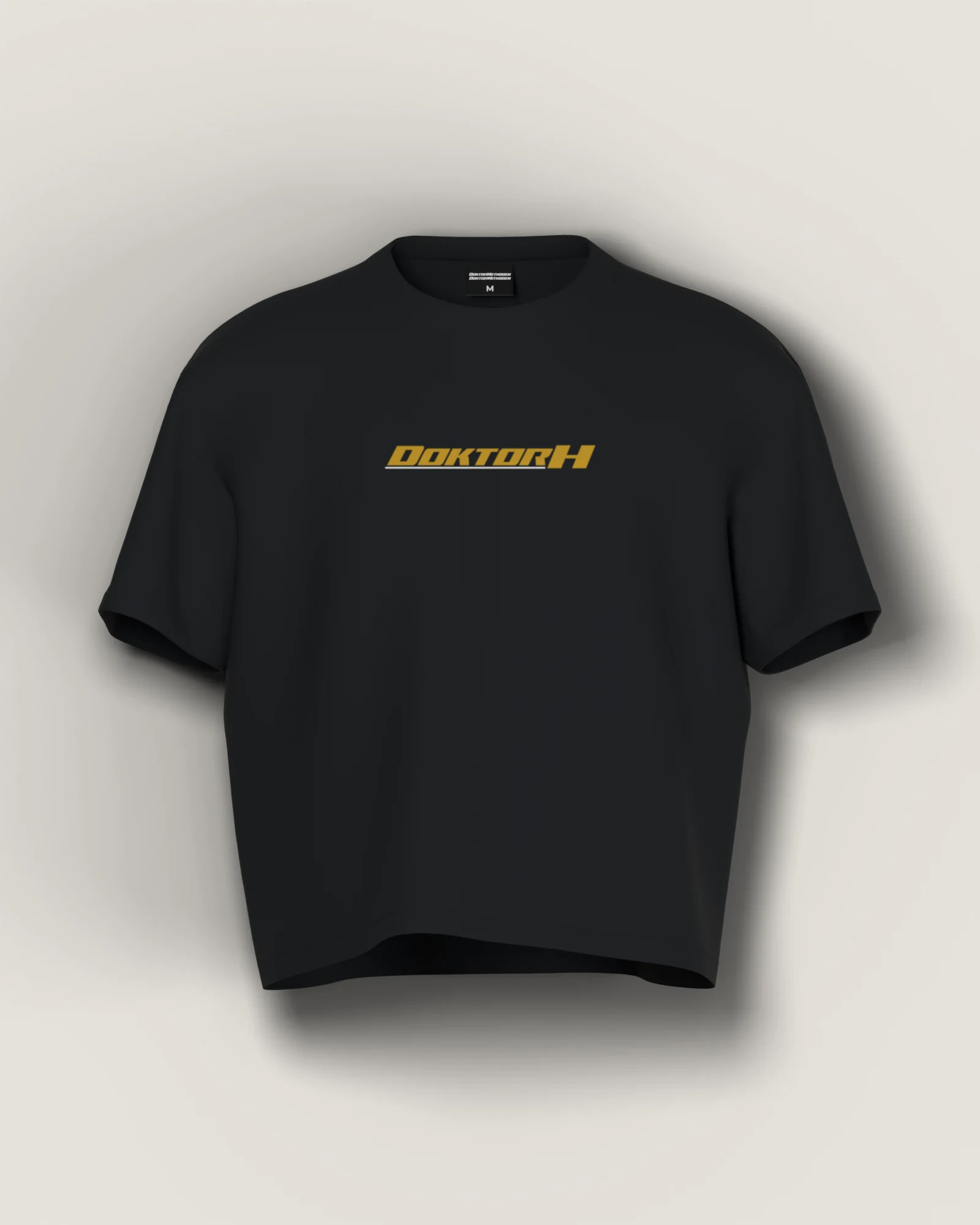 Schwarzes DOKTOR-H-Shirt mit goldfarbenem Frontdruck, Vorderseite