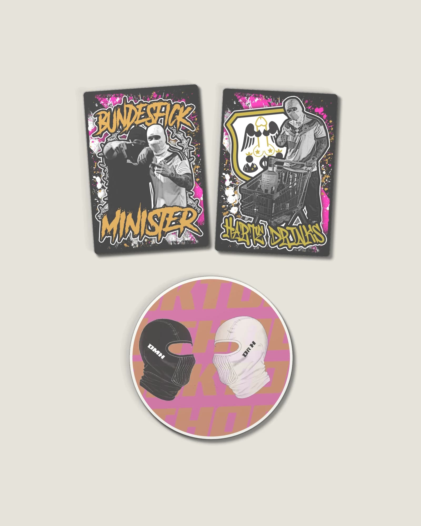 Sticker Pack mit den Motiven Minister, Harte Drinks und Masken